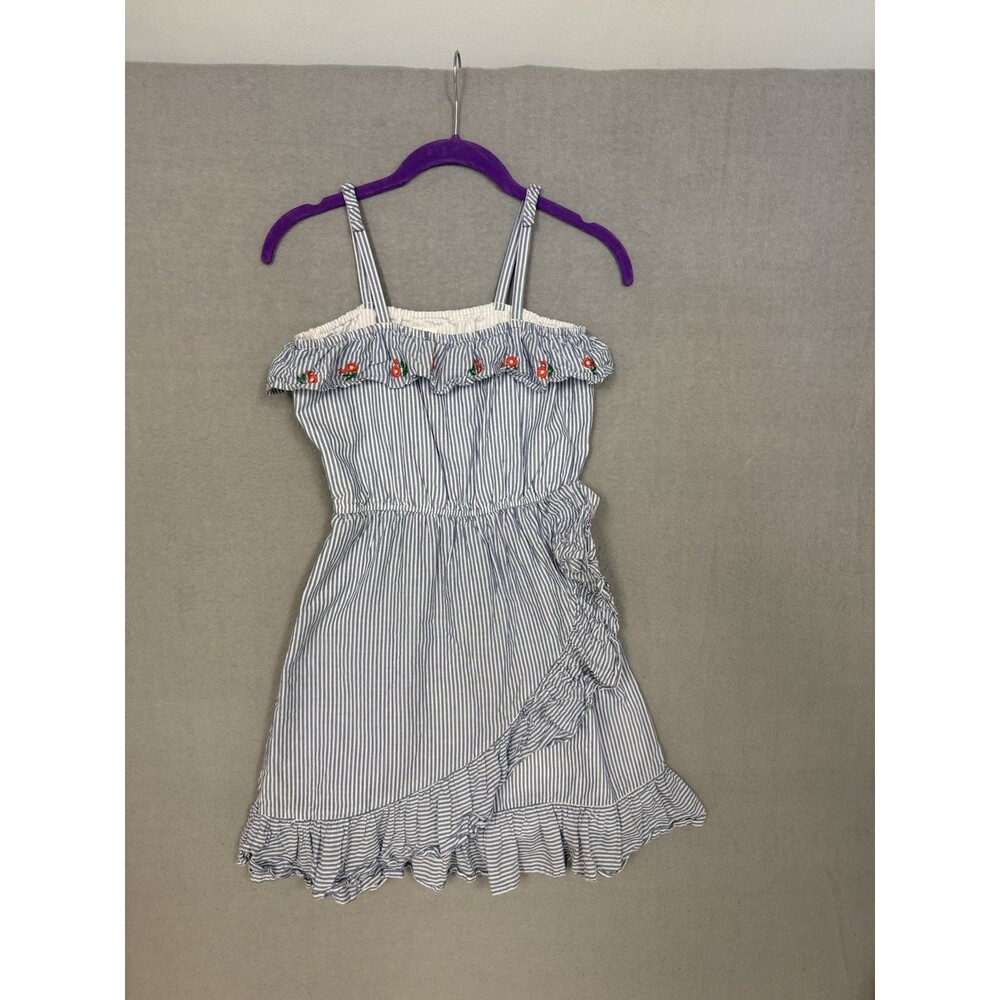 Janie and Jack Girls Size 10 Blue White Stripe Embroidered Poppy Floral Dress
